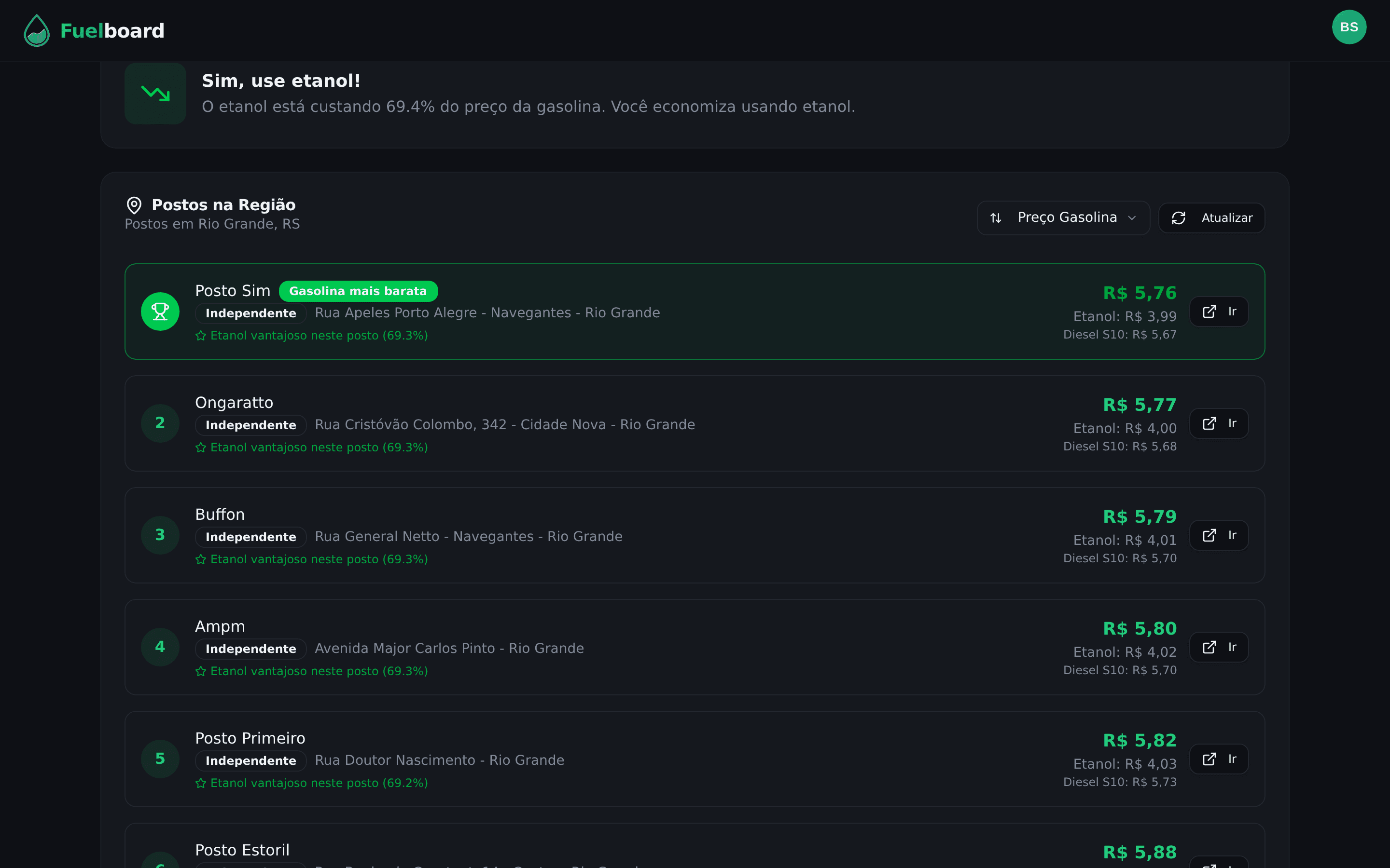 Lista de postos da região com preços de gasolina, etanol e diesel